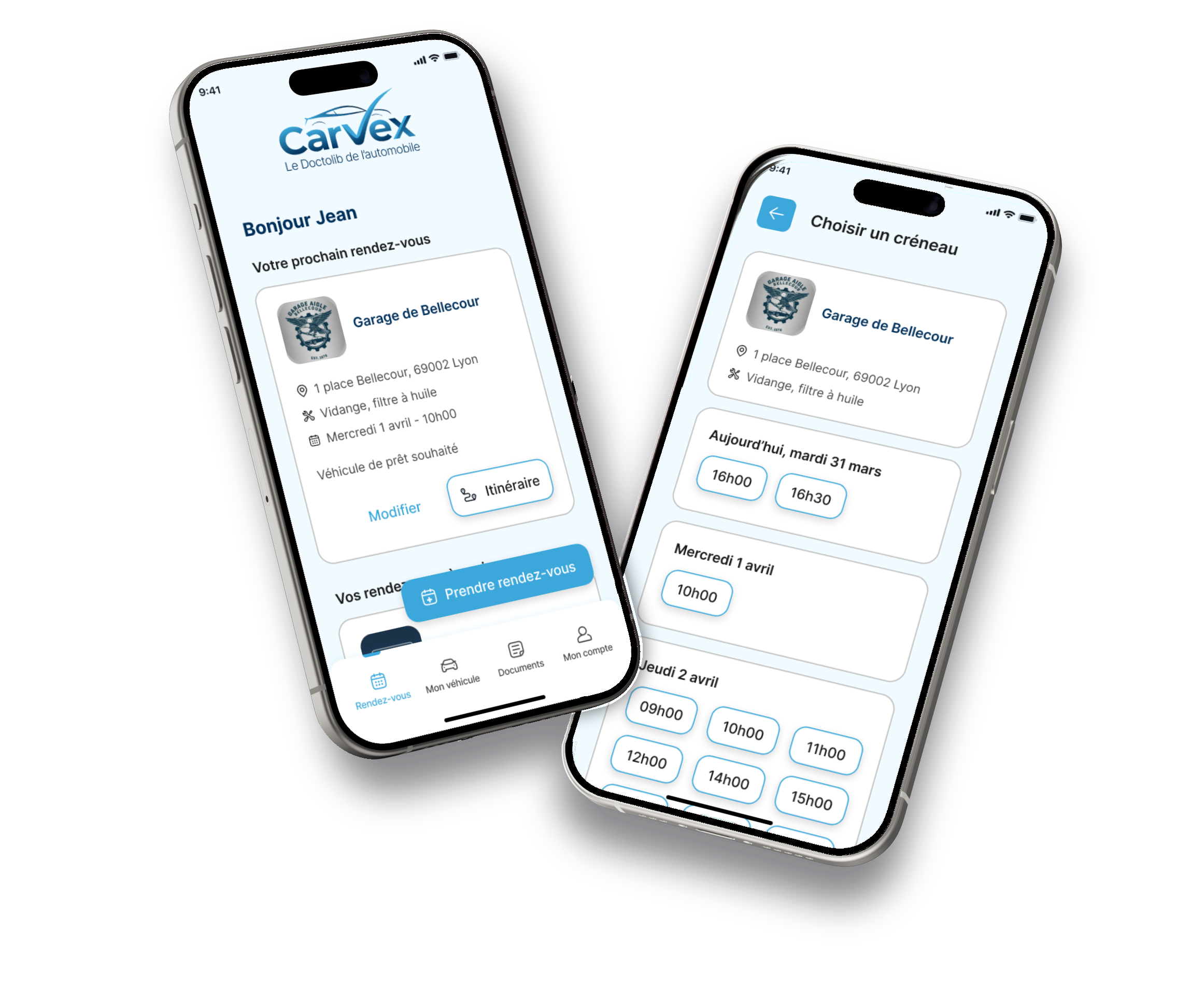 Écran d'accueil de l'application Carvex montrant la recherche de garages et la prise de rendez-vous en ligne.